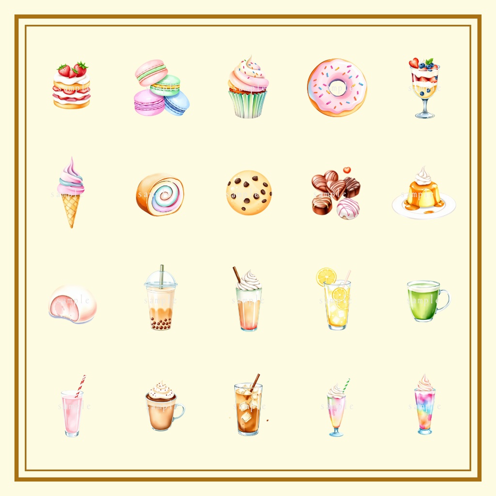 KAWAIIアイコン水彩イラスト素材集- FOODS&DRINKS – 20種セット【透過PNG】