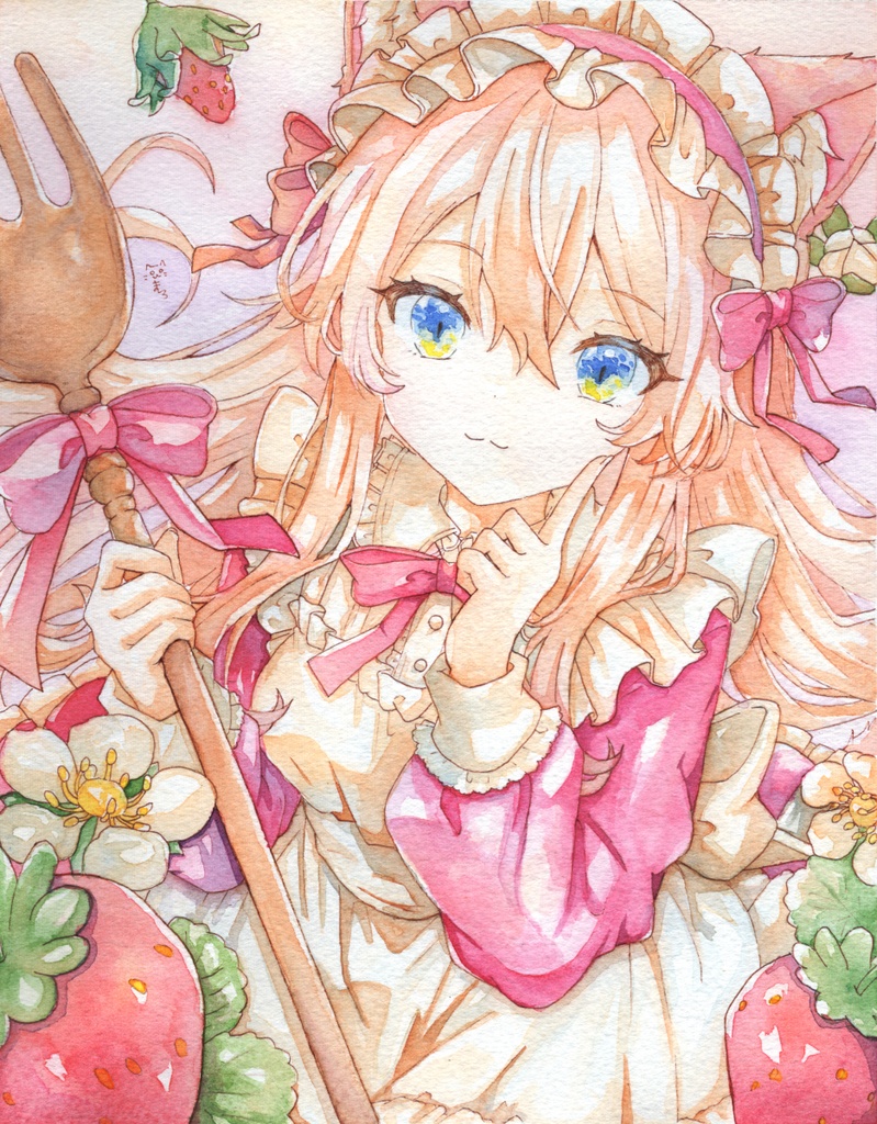 【アナログ原画】小さな春の苺メイドさん