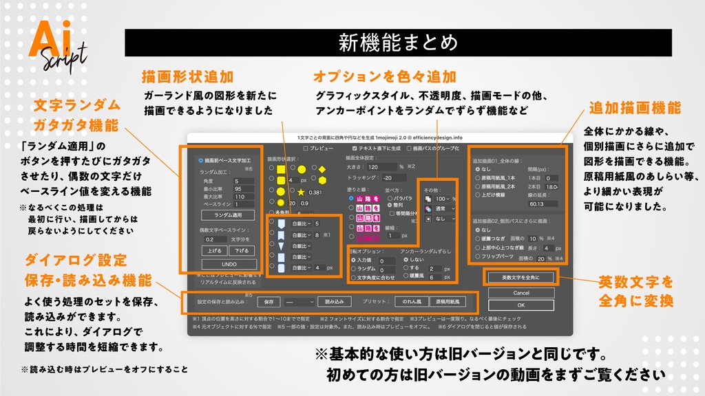 【Illustrator 】改定進化版|1文字づつ文字の後ろに四角や丸など囲みを生成するスクリプト「1mojimoji2.0」
