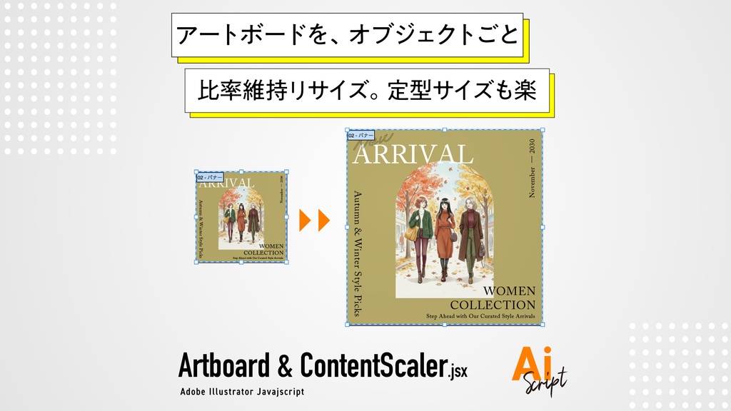 【Illustrator】アートボードとオブジェクトを比率維持で同時リサイズ。プリセットで定型サイズへのリサイズも楽々「Artboard & ContentScaler」