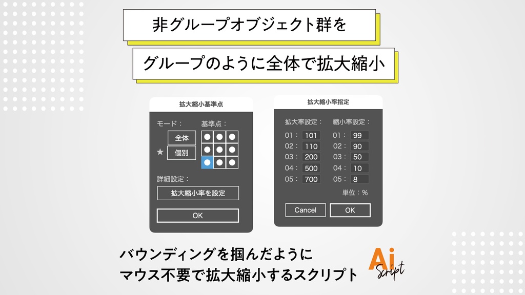 【Illustrator】マウス不要!「バウンディングボックスを掴む」ように非グループオブジェクト群を全体で拡大縮小するスクリプト