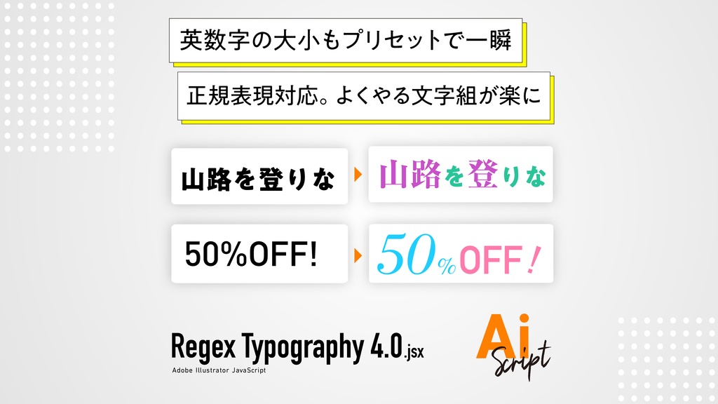 【Illustrator】正規表現対応。プリセット機能も追加。英数字の大小メリハリも一瞬で。よくやる文字組を一瞬で処理するスクリプト「RegexTypography4.0」
