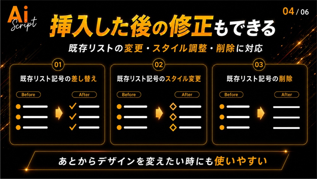 【illustrator】標準機能より便利にリストを制御。スタイル調整、インデントや見出し設定もできるリスト挿入・整形スクリプト「List Marker & Indent Manager」