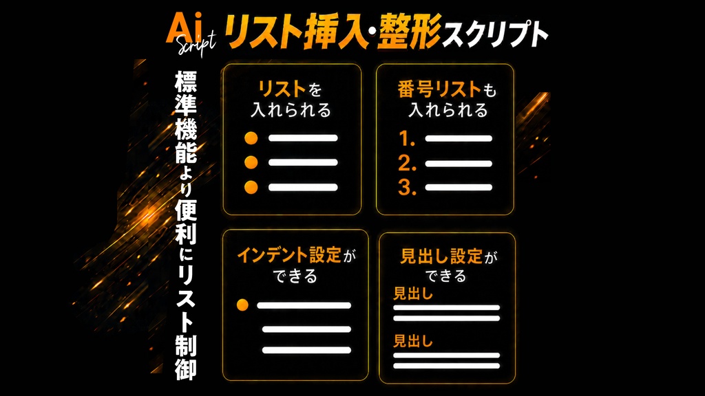 【illustrator】標準機能より便利にリストを制御。スタイル調整、インデントや見出し設定もできるリスト挿入・整形スクリプト「List Marker & Indent Manager」