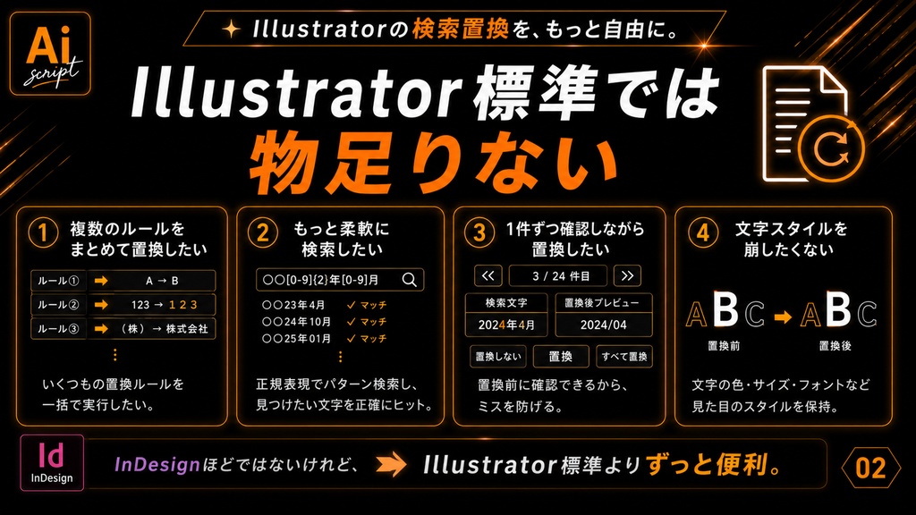 【illustrator】正規表現対応。スタイルも維持。Illustrator標準の検索置換じゃできない便利な文字の検索置換ができるスクリプト「Regex Text Replacer」