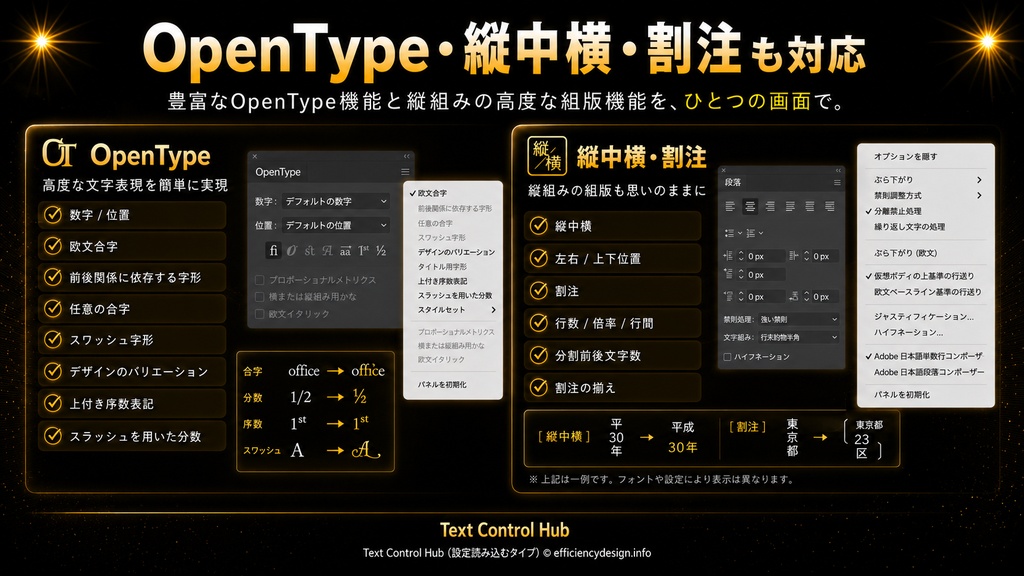 【Illustrator】文字パネル・段落パネル・OpenTypeパネルを一元管理するスクリプト「Text Control Hub」