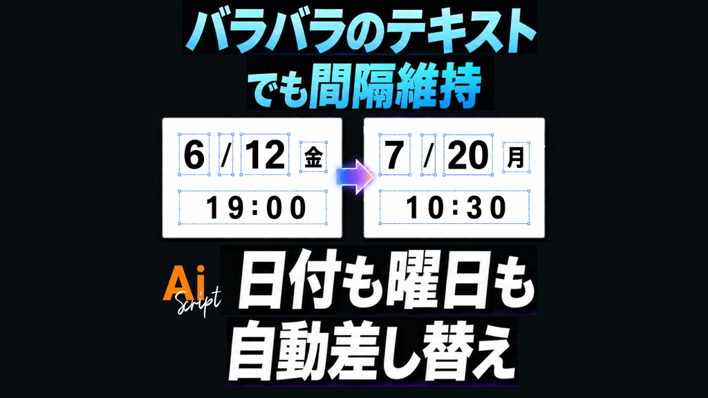 【Illustrator】バラバラのテキストでも間隔も維持できる！曜日も自動取得する日付差し替えするスクリプト「Smart Date & Time Replacer」