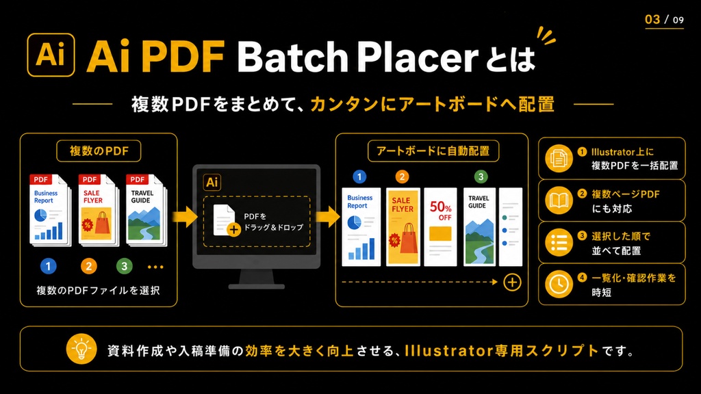 【Illustrator】 Nアップのレイアウトにも対応。複数PDFを一括配置できるスクリプト「Ai PDF Batch Placer」