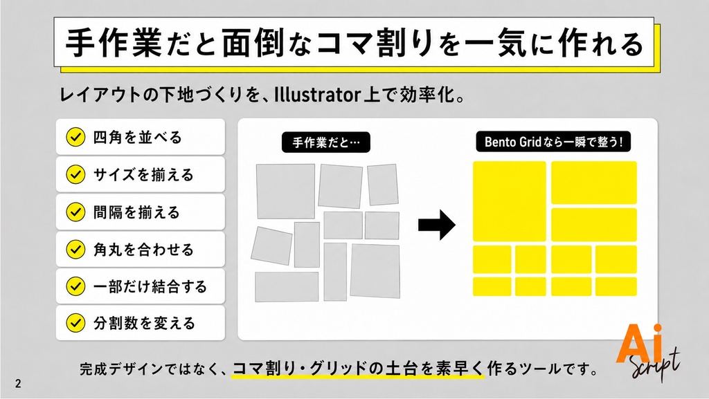 【Illustrator】Bento Grid(弁当グリッド)や変則分割をドラッグ操作で直感的に生成するスクリプト「Ai BentoGrid Generator」