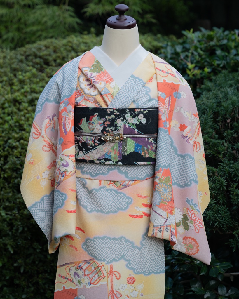即納品: 王朝の菊節句 小紋着物反物