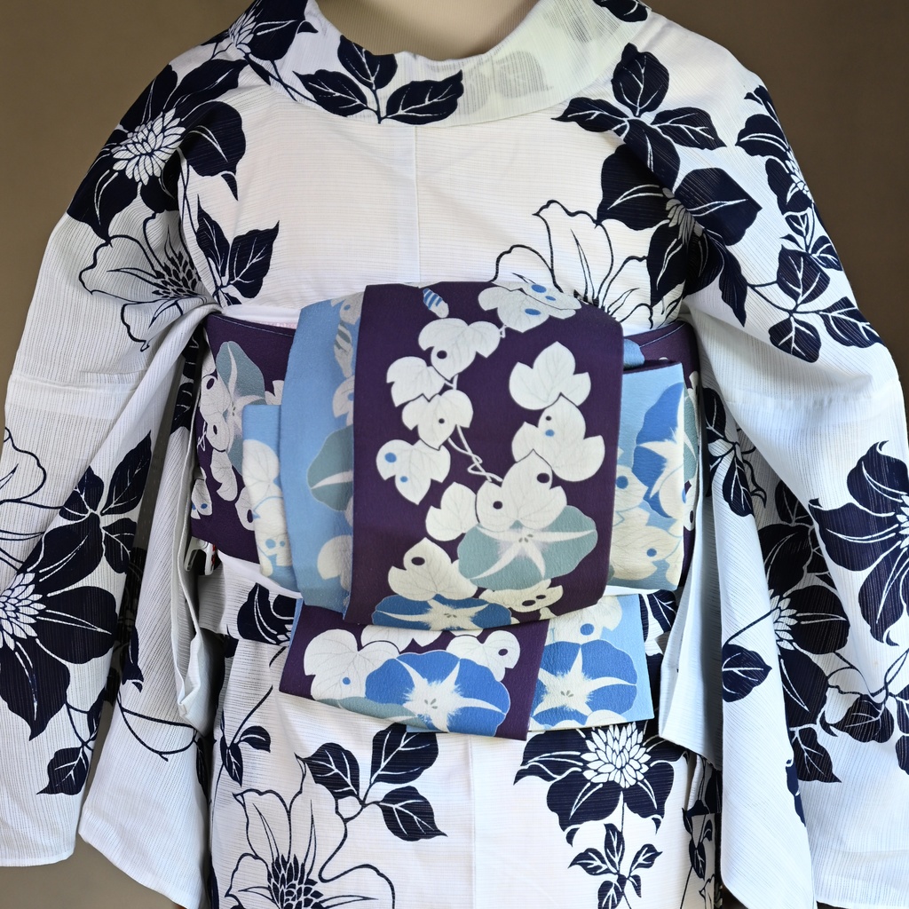 即納:「朝顔版画」リバーシブル半幅帯 仕立て上がり