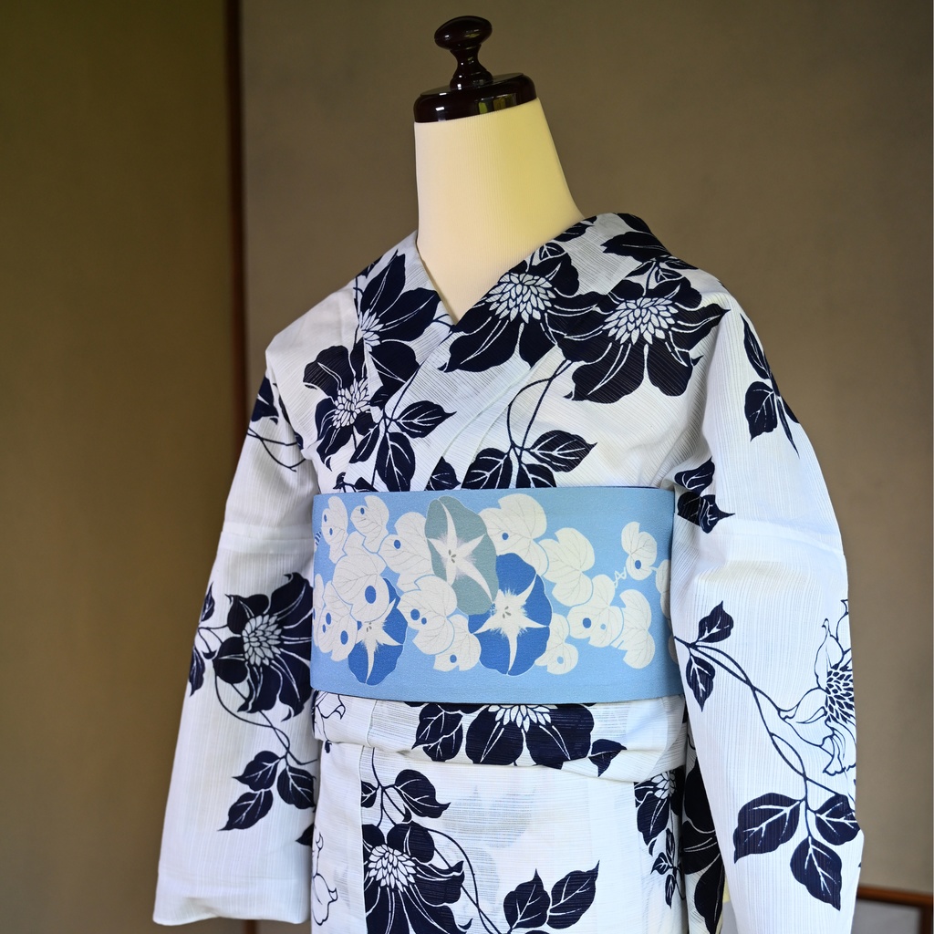 即納:「朝顔版画」リバーシブル半幅帯 仕立て上がり