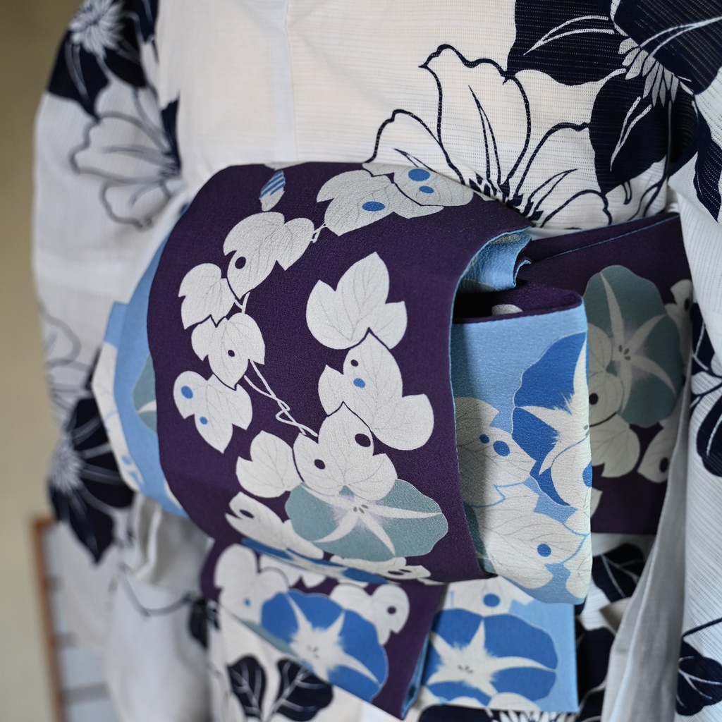 即納:「朝顔版画」リバーシブル半幅帯 仕立て上がり