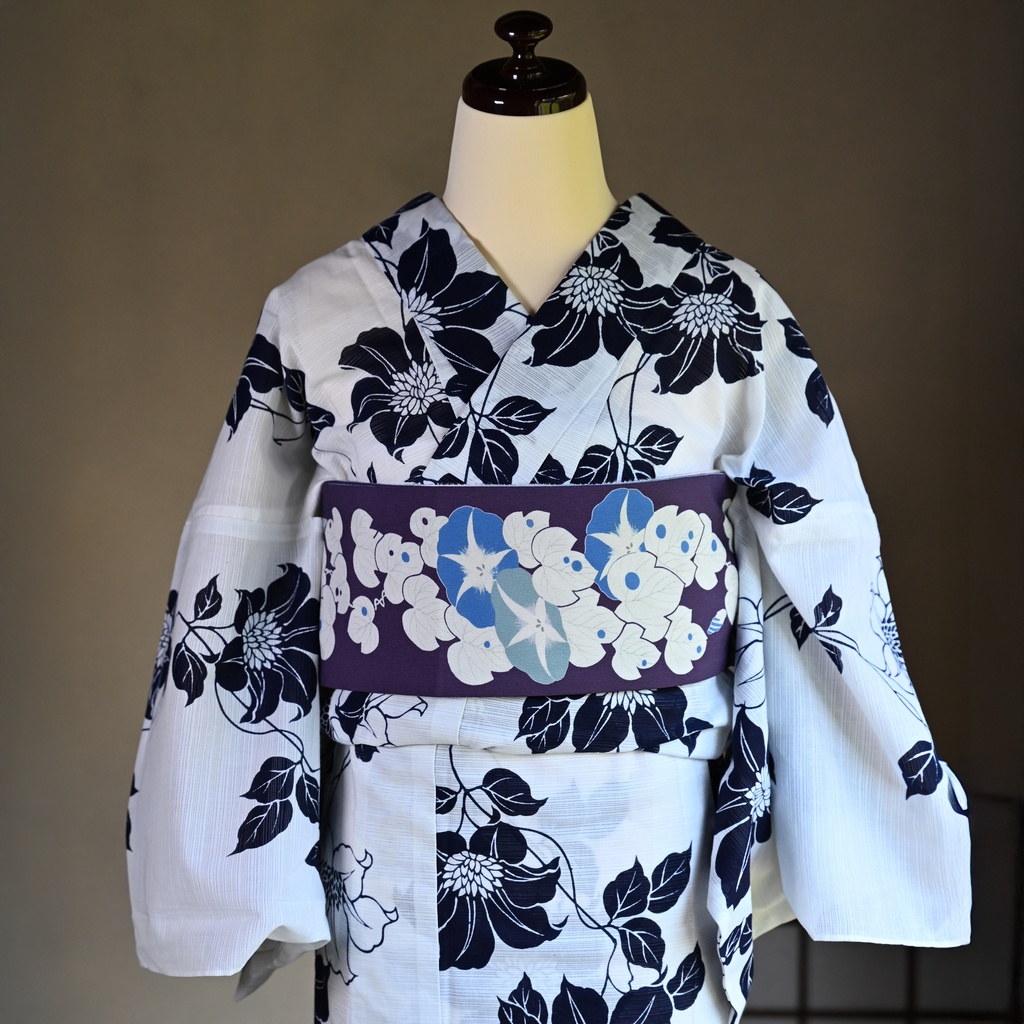 即納:「朝顔版画」リバーシブル半幅帯 仕立て上がり