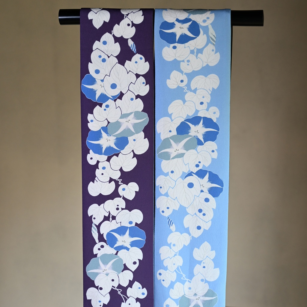 即納:「朝顔版画」リバーシブル半幅帯 仕立て上がり