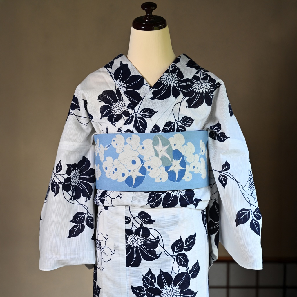 即納:「朝顔版画」リバーシブル半幅帯 仕立て上がり