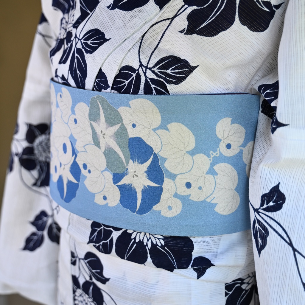 即納:「朝顔版画」リバーシブル半幅帯 仕立て上がり