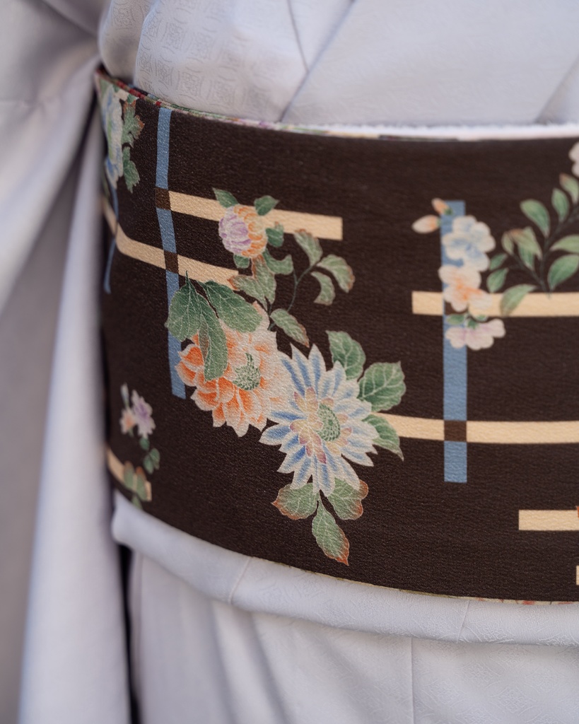 即納 リバーシブル半幅帯 破れ格子に薔薇