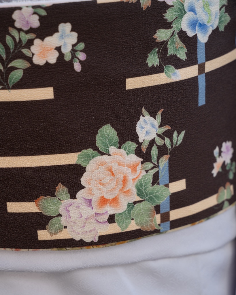 即納 リバーシブル半幅帯 破れ格子に薔薇