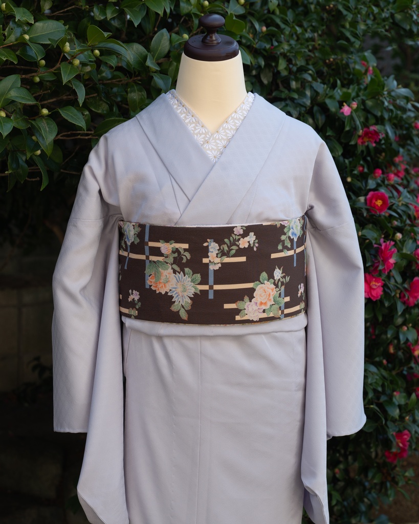 即納　リバーシブル半幅帯　破れ格子に薔薇