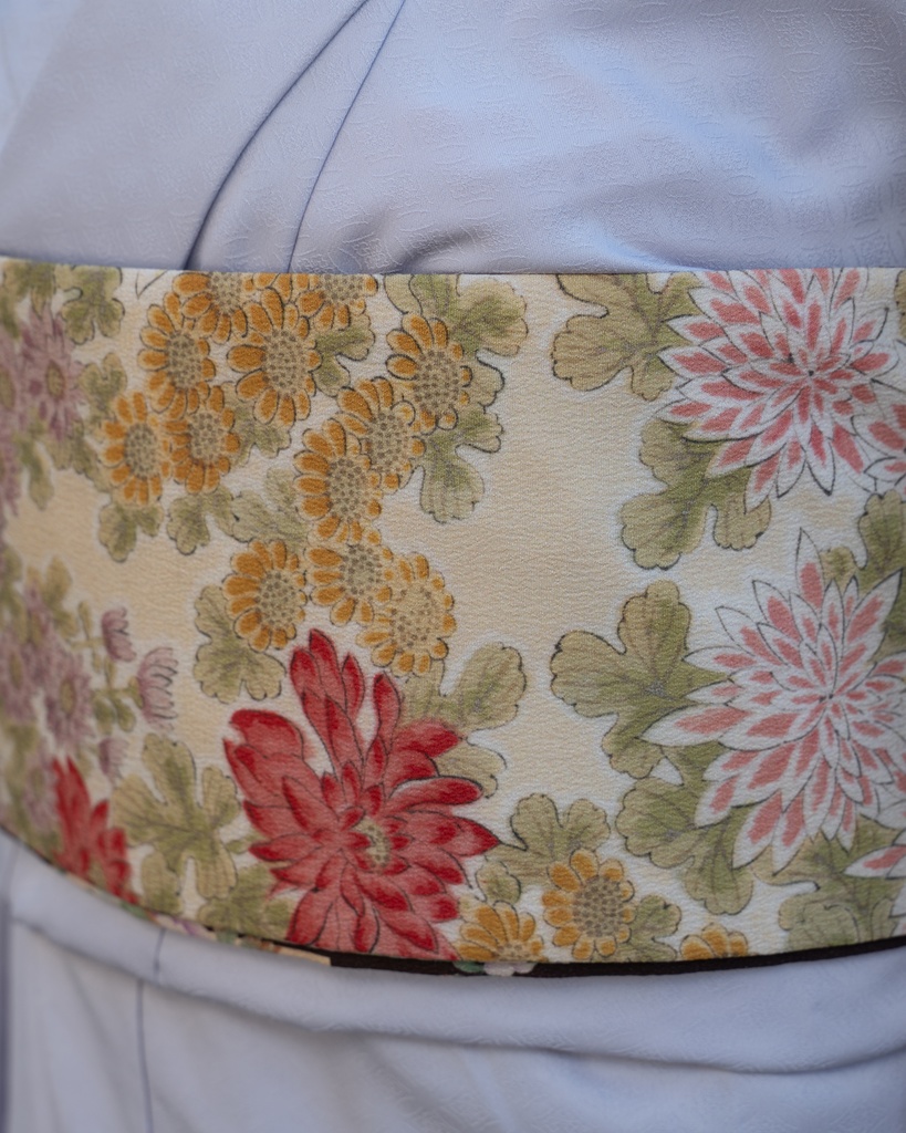 即納 リバーシブル半幅帯 破れ格子に薔薇