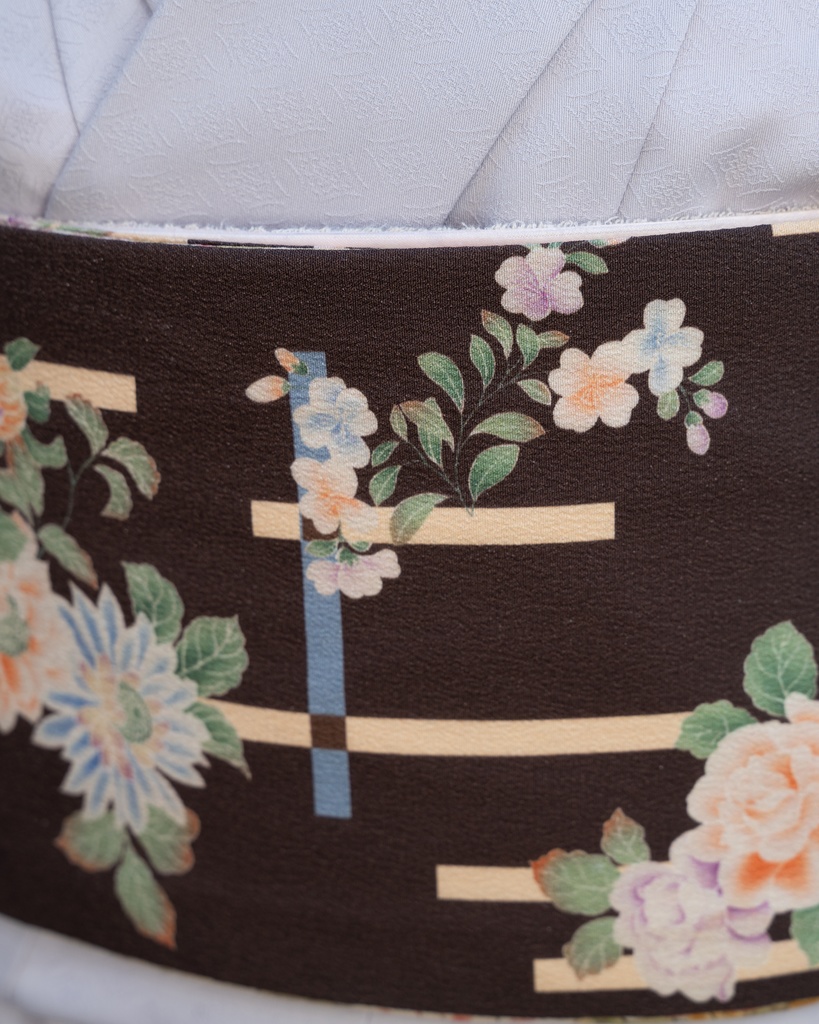 即納 リバーシブル半幅帯 破れ格子に薔薇