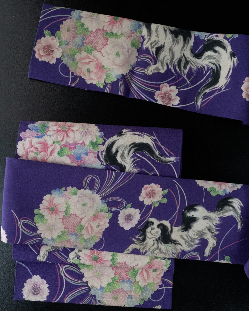 即納: 花薬玉に狆 仕立て上がり名古屋帯
