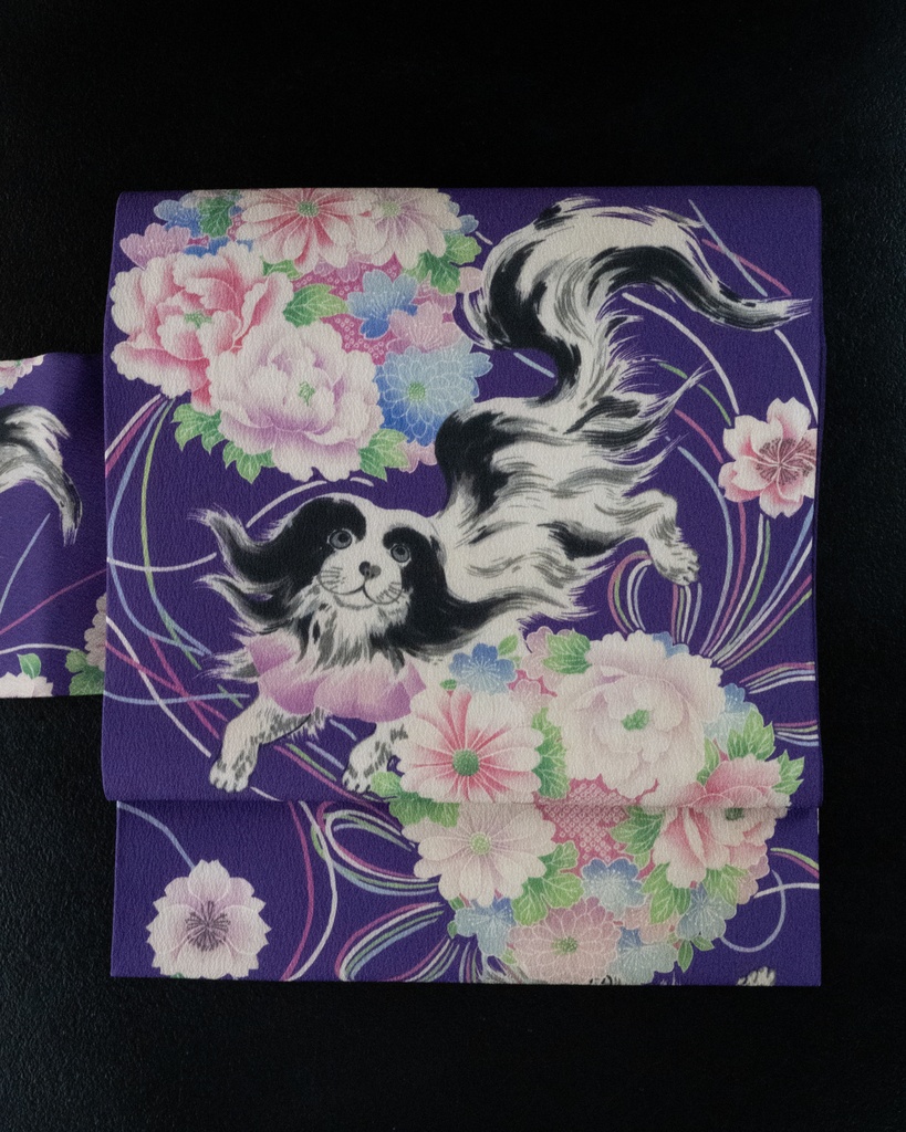 即納: 花薬玉に狆 仕立て上がり名古屋帯