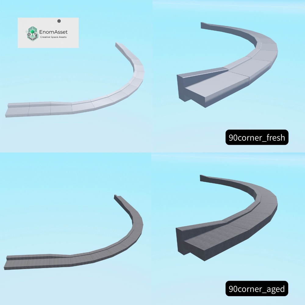 EnomAsset L字側溝 街の道路 10種 白コンクリート VRChat Cluster Unity ワールド制作 背景素材 境界線 縁石 3D素材