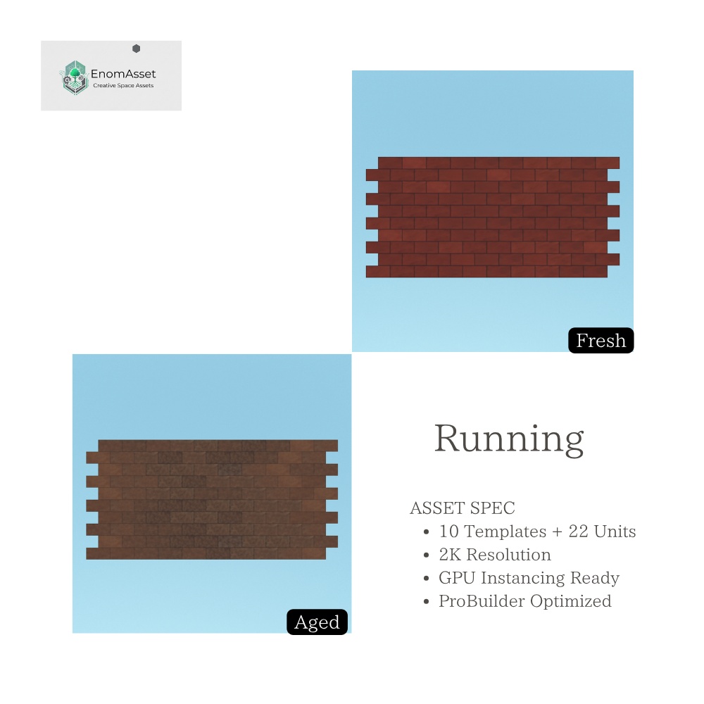 EnomAsset レンガ 10種 2サイズ Fresh & Aged Brick VRChat Cluster Unity ワールド制作 背景素材 舗装 3D素材 レンガブロック レンガ歩道