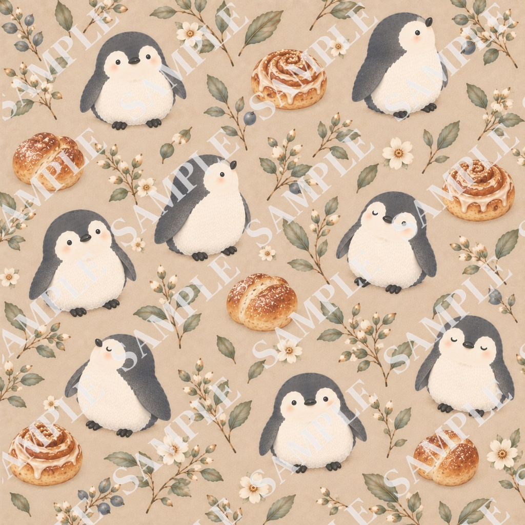 ペンギンとお菓子のデジタルペーパー8枚セット 北欧ナチュラル|PNG(3600×3600px)