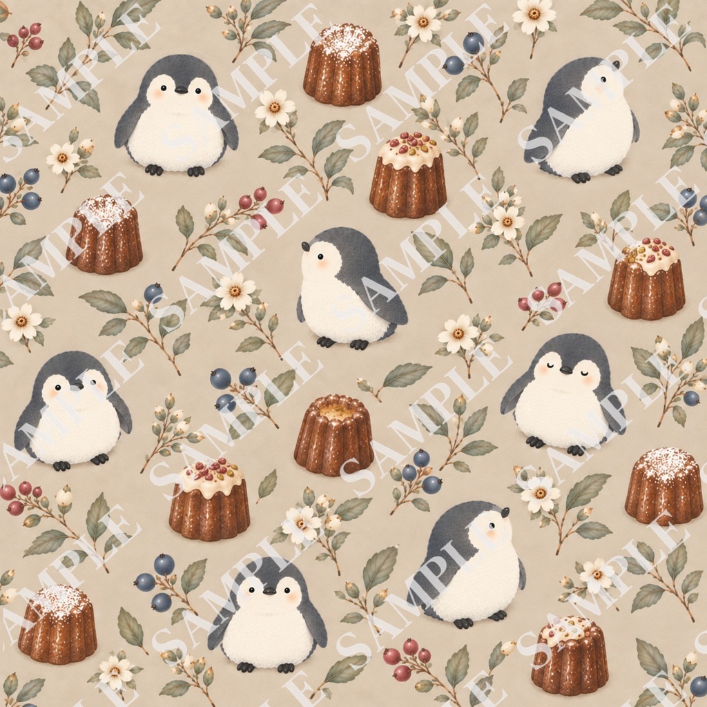 ペンギンとお菓子のデジタルペーパー8枚セット 北欧ナチュラル|PNG(3600×3600px)