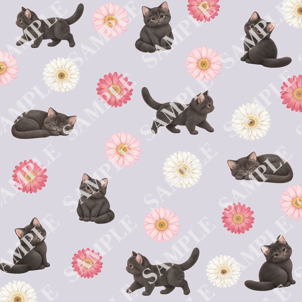 猫とお花のデジタルペーパー10枚セット|大人可愛い|PNG(3600×3600px)