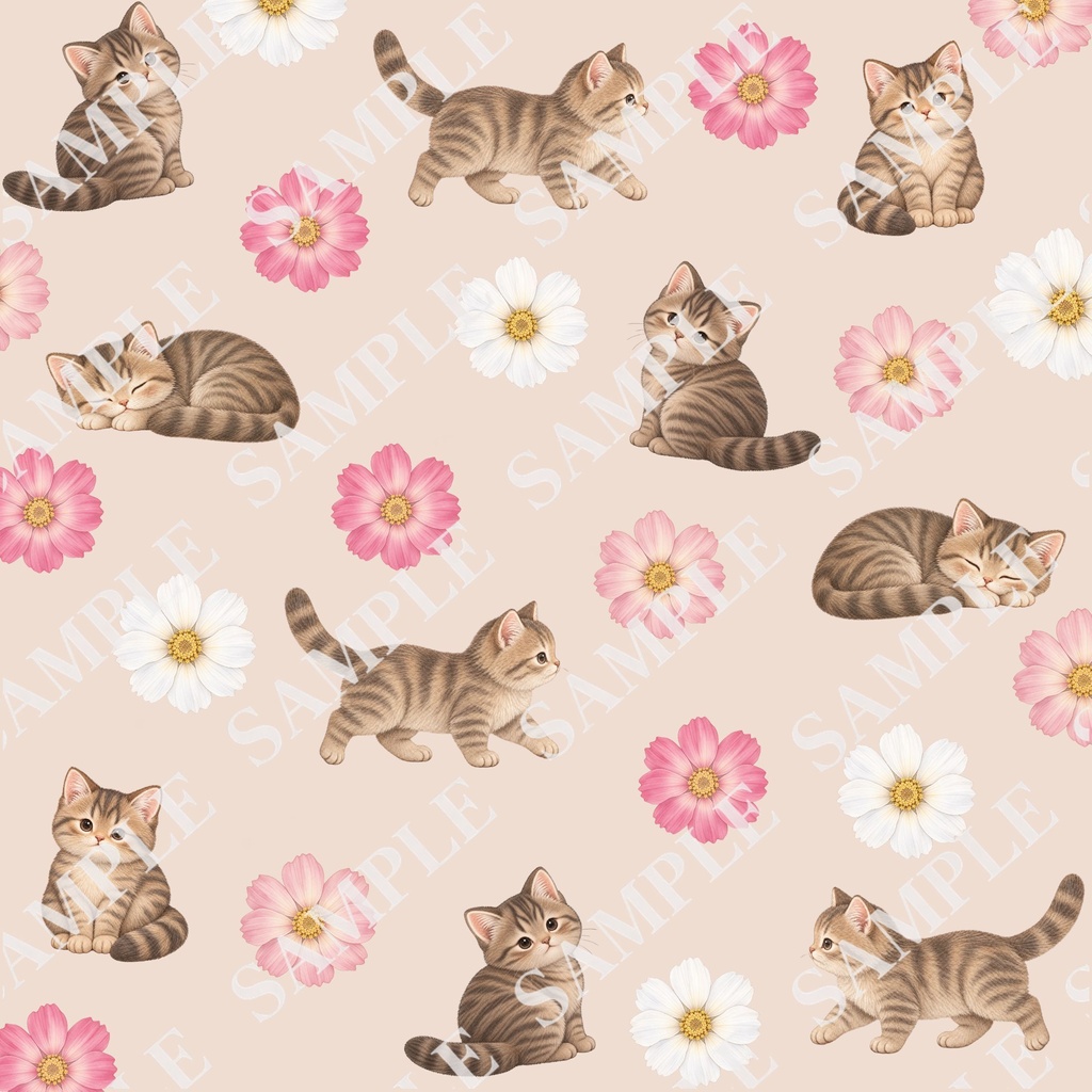 猫とお花のデジタルペーパー10枚セット|大人可愛い|PNG(3600×3600px)