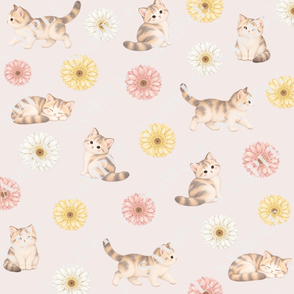 猫とお花のデジタルペーパー10枚セット|大人可愛い|PNG(3600×3600px)