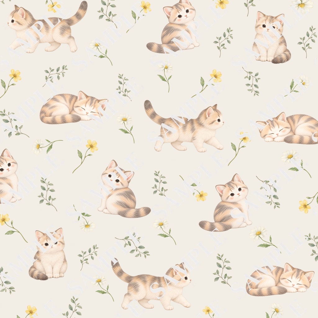 猫とお花のデジタルペーパー10枚セット|大人可愛い|PNG(3600×3600px)