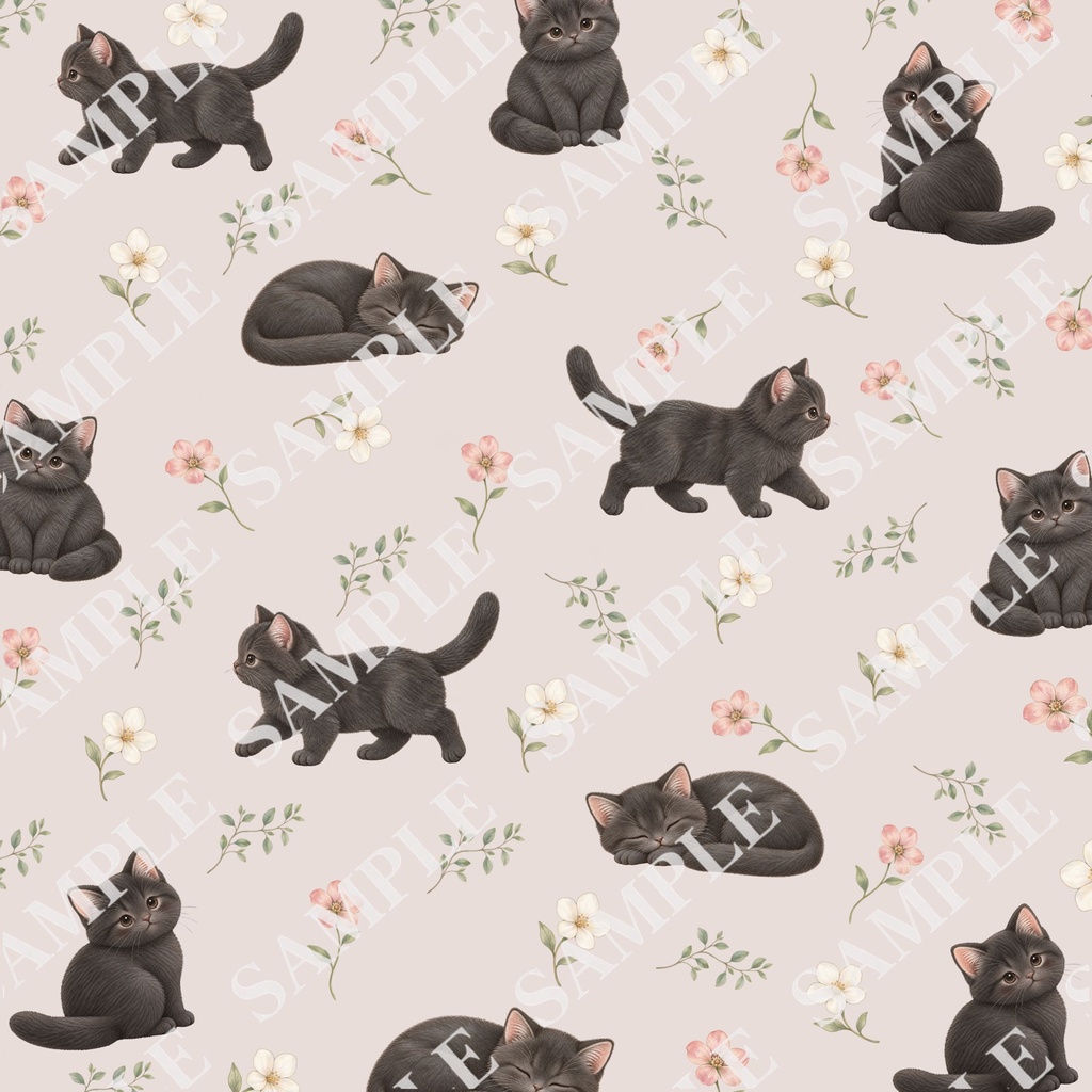 猫とお花のデジタルペーパー10枚セット|大人可愛い|PNG(3600×3600px)