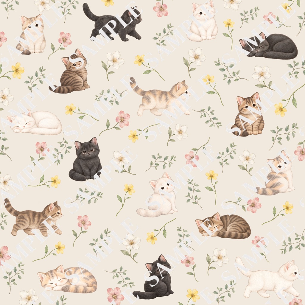 猫とお花のデジタルペーパー10枚セット|大人可愛い|PNG(3600×3600px)