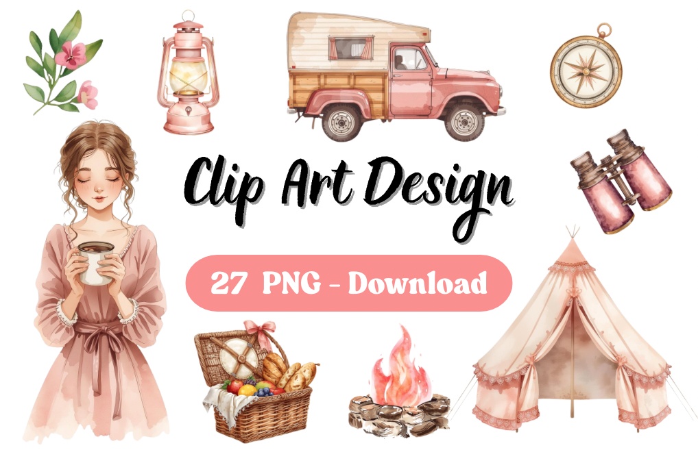 【商用利用可】やさしいピンクのキャンプ女子