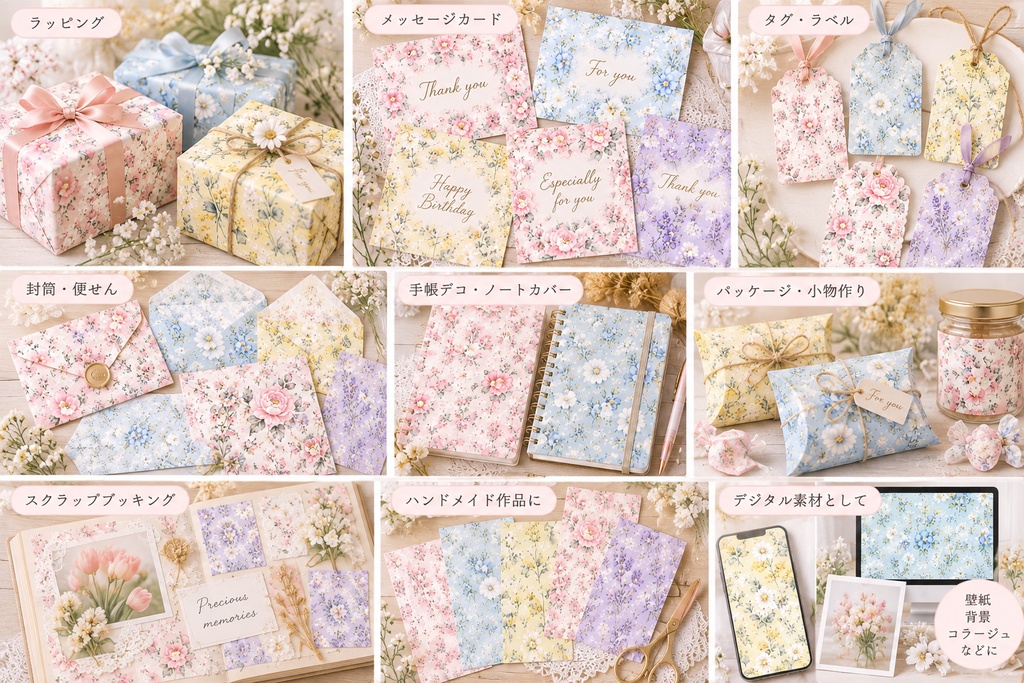 【商用利用OK】ふんわりパステルフラワー|水彩花柄デジタルペーパー5枚セット|3600×3600px・JPEG