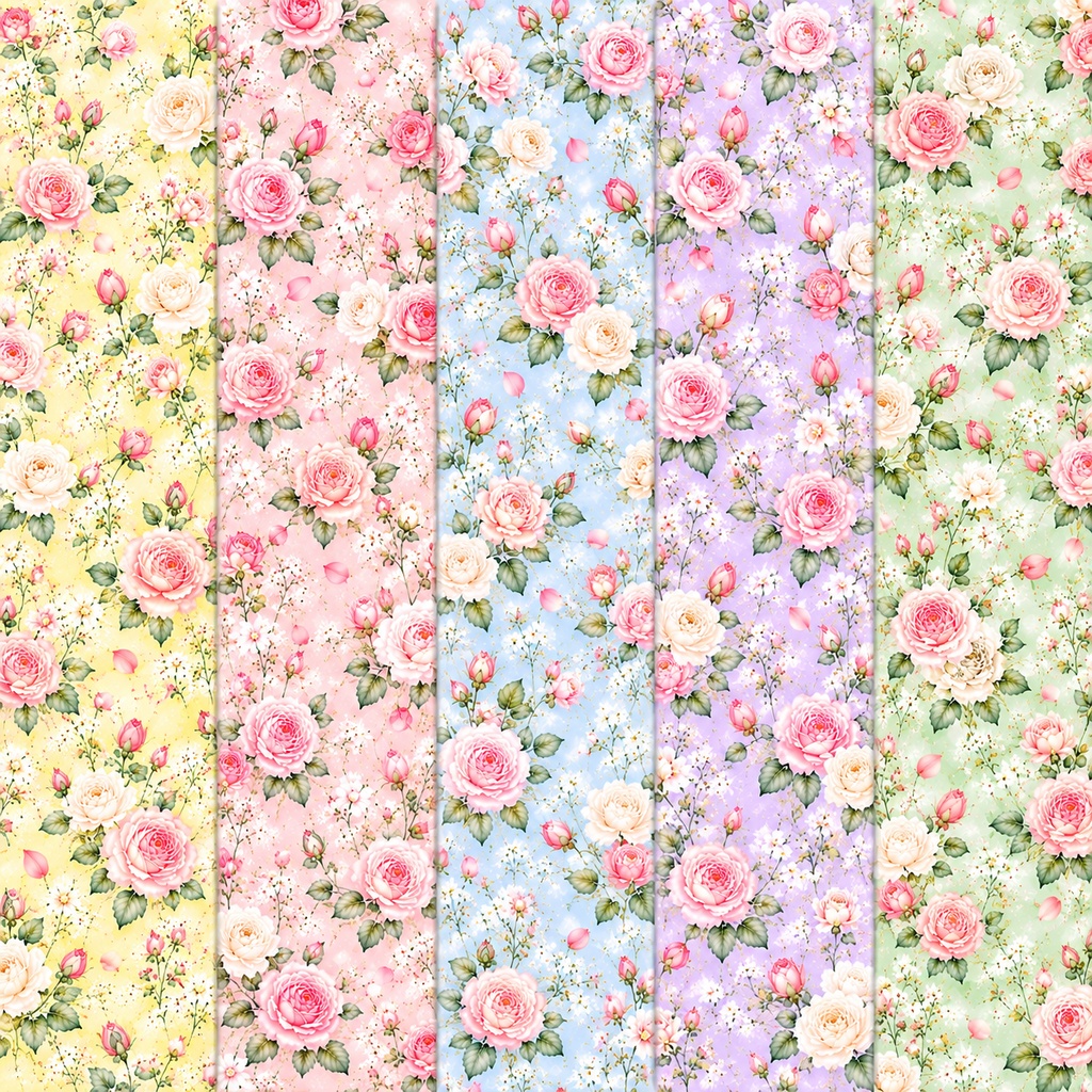 【ローズ・パステルガーデン】大人かわいい薔薇のデジタルペーパー5枚セット|水彩・花柄・アンティーク風