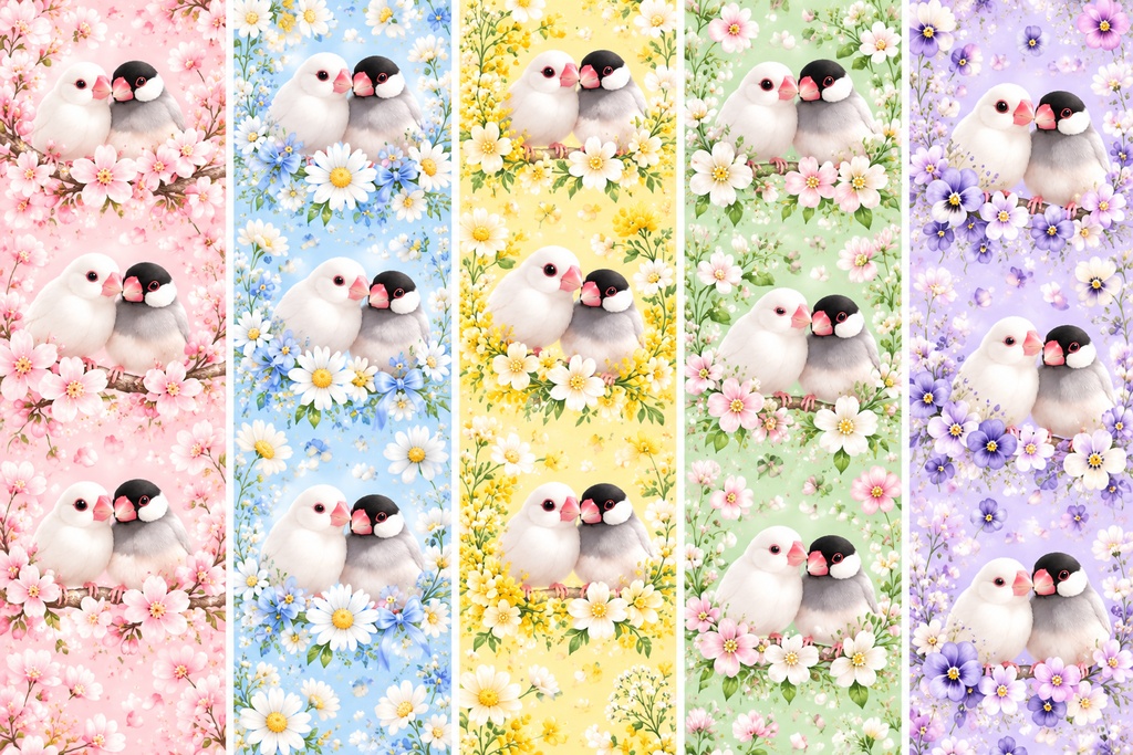 【高画質】仲良し文鳥と春のお花のデジタルペーパー|パステルカラー5色セット|かわいい花柄・背景素材