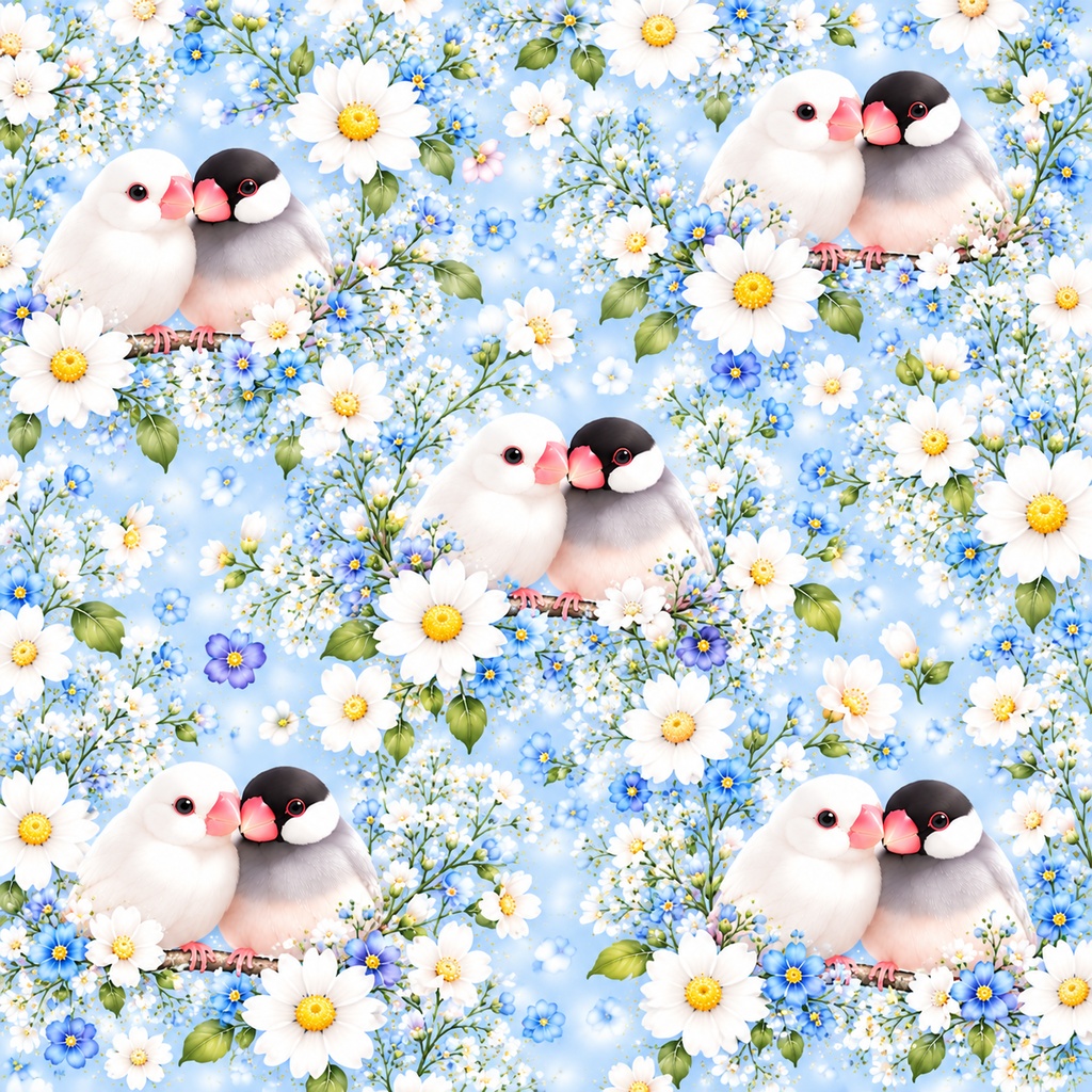 【高画質】仲良し文鳥と春のお花のデジタルペーパー|パステルカラー5色セット|かわいい花柄・背景素材