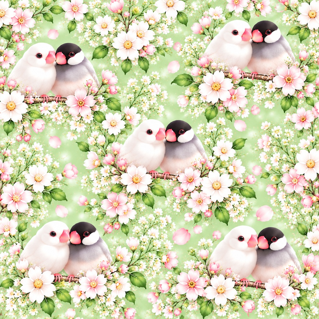 【高画質】仲良し文鳥と春のお花のデジタルペーパー|パステルカラー5色セット|かわいい花柄・背景素材