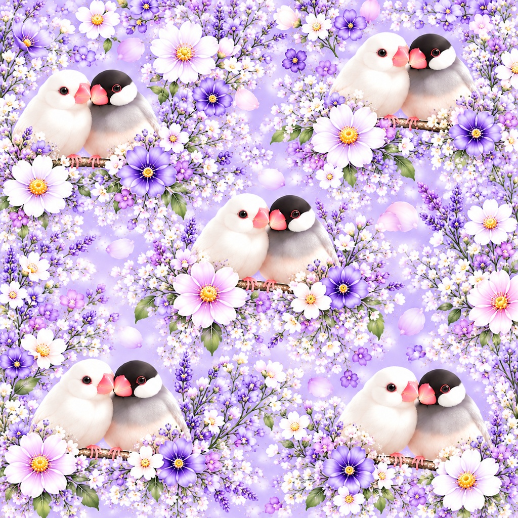 【高画質】仲良し文鳥と春のお花のデジタルペーパー|パステルカラー5色セット|かわいい花柄・背景素材