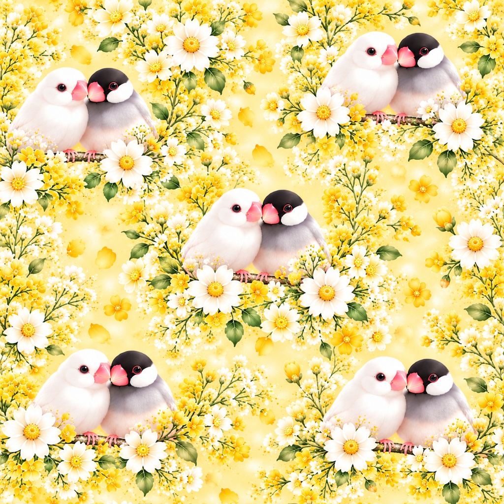 【高画質】仲良し文鳥と春のお花のデジタルペーパー|パステルカラー5色セット|かわいい花柄・背景素材
