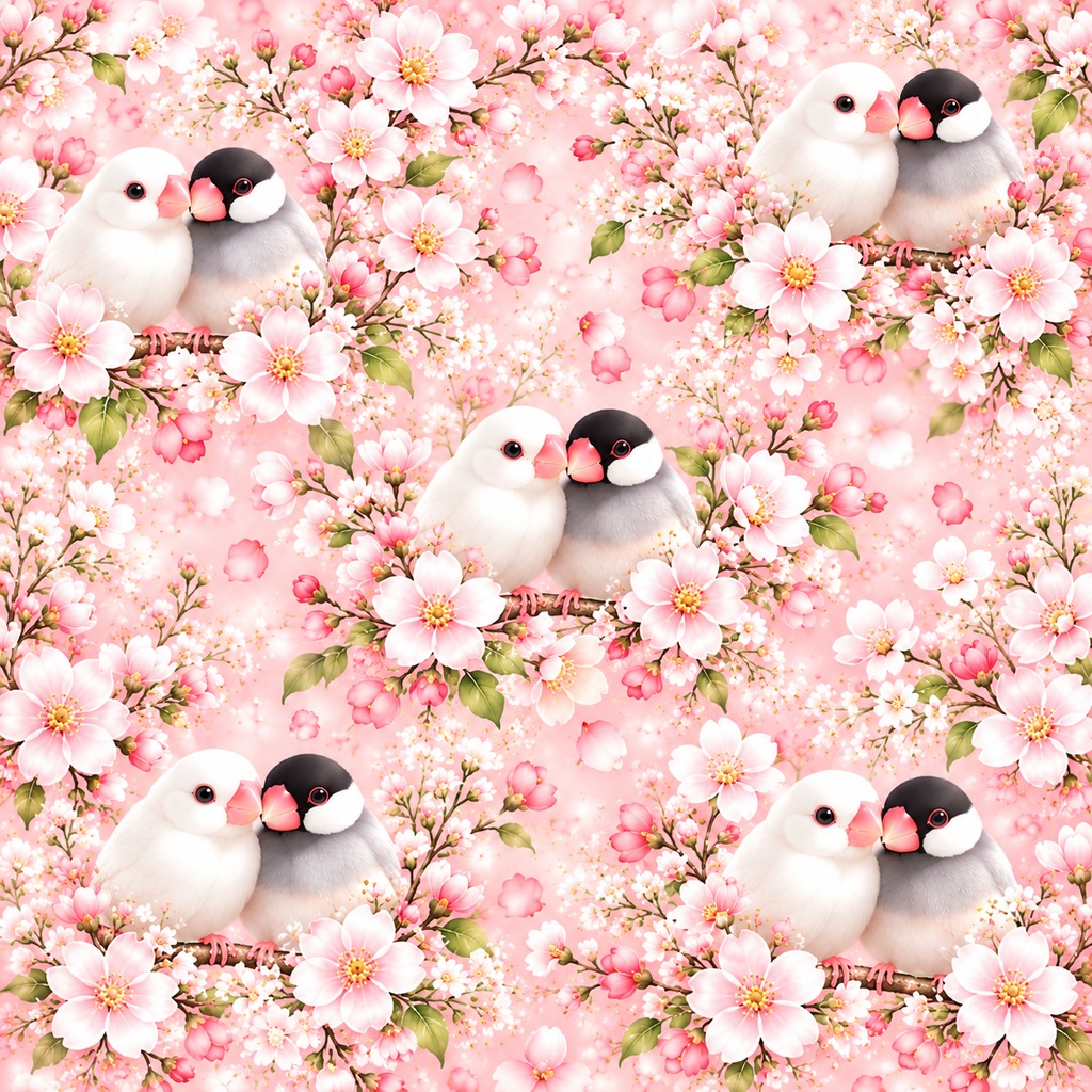 【高画質】仲良し文鳥と春のお花のデジタルペーパー|パステルカラー5色セット|かわいい花柄・背景素材