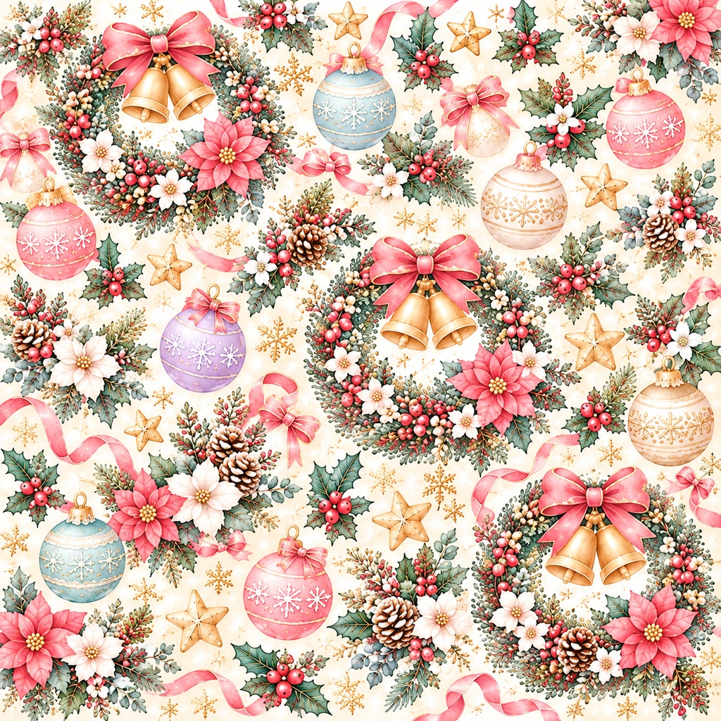 【高画質・5枚セット】大人かわいいパステルクリスマス♡デジタルペーパー|サンタ・雪景色・リース・ツリー・花柄|印刷&デジタル素材