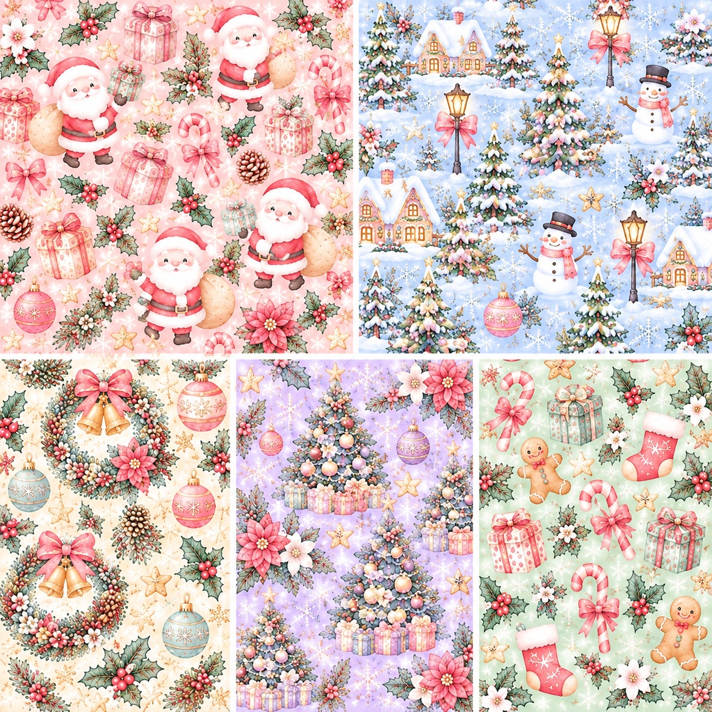 【高画質・5枚セット】大人かわいいパステルクリスマス♡デジタルペーパー|サンタ・雪景色・リース・ツリー・花柄|印刷&デジタル素材