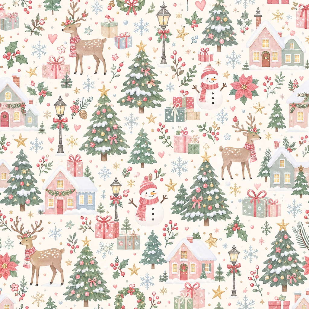【北欧の小さなクリスマス】大人かわいいパステルカラーのデジタルペーパー|高解像度3600×3600px|クリスマス・トナカイ・雪だるま・ツリー